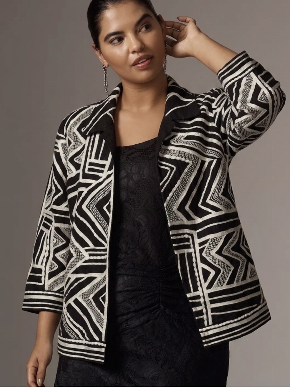 Chico's Ribbon Trim Embroidered Jacket Size 3 XL Geometric 3D Artsy Cotton Linen